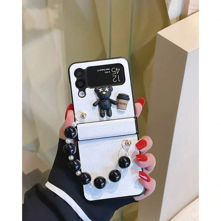 Ốp lưng điện thoại gập 3D hình gấu màu trắng sang trọng, chất liệu da, kèm dây đeo ngọc trai, phù hợp với Galaxy Z Flip3 5G/Galaxy Z Flip 4 5G/Galaxy Z Flip 5 5G/Galaxy Z Flip 6 5G/Galaxy Z Flip 7 5G - Nhiều màu - Xem 3