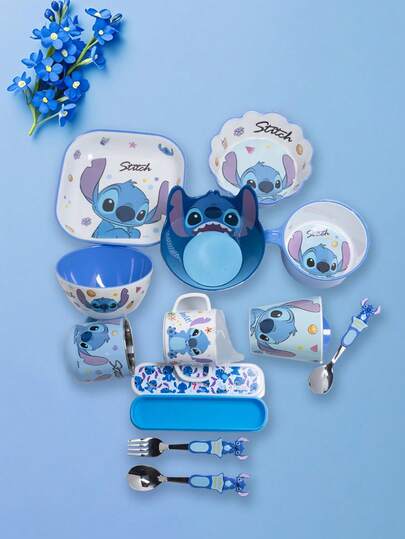 Disney 1 pieza Plato, tazón, taza, tenedor y cuchara de vajilla con diseño de Stitch, vajilla linda y divertida para cena familiar, taza de café o leche, cucharón y tazón para ensalada de frutas