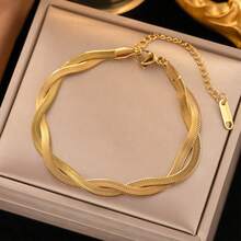 MONALLY 1pc 18K Gold Plated Stainless Steel Jewelry, Fashion Woven Blade Chain Bracelet, Luxury Accessory For Women, Valentine's Day Gift For Girlfriend - Chain Bracelet - View 2