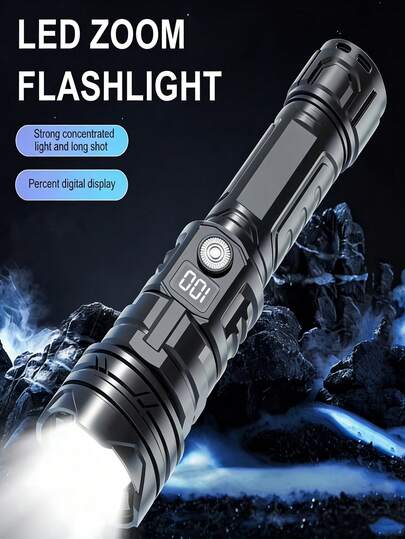 2支装战术可调焦手电筒 | 数字电量显示，Type-C快充，防水，防震，多种模式 | 高功率LED手电筒，适用于狩猎、露营、紧急救援和夜间巡逻