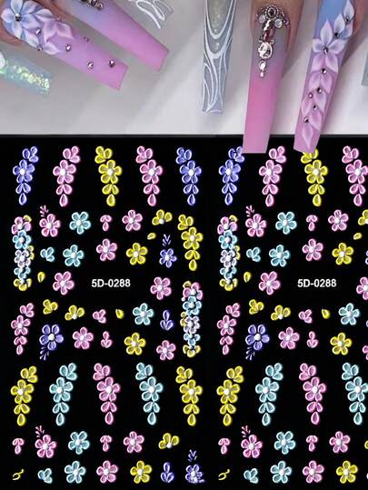 2包5D立体浮雕花卉美甲贴纸 - 春日玫瑰雏菊图案，自粘爱心贴纸，适合DIY美甲，闪亮效果，无香型，女士和女孩的完美之选 2张