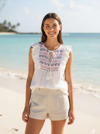 Blusa bordada elegante bohemio dama mujer tejido ligero formal suave olanes hombros jaretas frontales ajustables bajo recto amplio cómodo fresco calor día noche vacaciones playa jardín comida primavera verano calle diario cumpleaños.