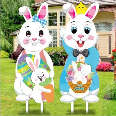 2pcs WuuHaWuHa Easter Yard Signs, Large Plastic Outdoor Lawn Decorations, Easter Bunny & Carrot Garden Stakes, No Electricity Or Battery Needed, With Spring Holiday Party Decor For Easter & Spring Celebrations