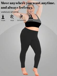 Leggings taille haute moulants pour femmes, doux et extensibles, galbant la taille et l'abdomen, convient pour le fitness, le yoga, la course, version noire printemps grande taille - Noir - Voir 3