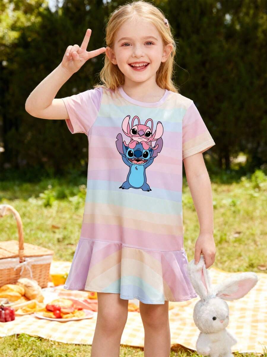 Disney Stitch And Angel Soft Polyester Fabric Casual And Comfortable Wear Suitable For Childrens Casual Wear Lively Outdoor Outfit Girls Princess Dress Party Fashion Ruffle Skirt Princess Dress Suitable For Birthday Parties Comfortable And Casual Wear All Year Round Suitable For Parties And Play Machine Washable Gift Childrens Clothing Soft And Skin Friendly The Skirt Flows Making Your Little One Become A Fairy Tale Protagonist - Stripes - View 1