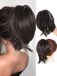 8-calowy syntetyczny kok z kręconych włosów, gumka do włosów w nieładzie, akcesoria do włosów dla kobiet do zakrycia koków, dopinany krótki kucyk - Czarny i brązowy - Zobacz 10