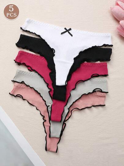 5pcs/Pack Sexy Women Low Waist Bow Tie Striped Thong Panties, Soft & Comfortable T-Back Elastic Underwear, Fashionable Daily Wear