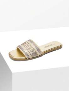 Dream Pairs Women Flat Slides Sandals Slip On Square Open Toe Jacquard Braided Fashion Slides Casual Beach Slippers Summer Vacation Shoes - 金色 - 查看 6
