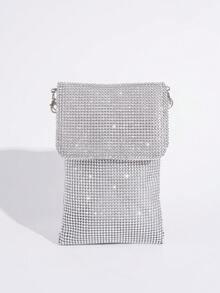 حقيبة مساء مزينة بالراين لامع، حقيبة كتف متقاطعة بسلسلة للفستان الحفلات، حقيبة هاتف - فضي - مشاهدة 3