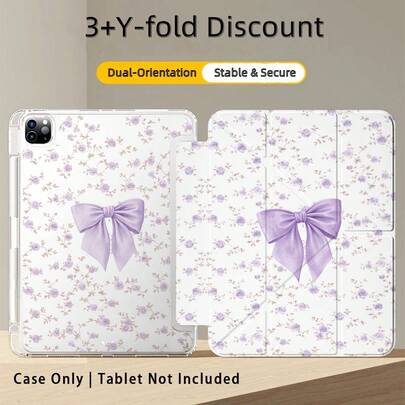 1pc 3+Y-Fold Tablet Case, Purple Bow Floral Pattern, Multiple Support Methods, Compatible With Huawei MatePad SE 11", MatePad 11 Inch, MatePad Pro 12.2 2024, Honor Pad X9A 2025, Honor Pad 9, Honor Pad X9 Pro 2025, Pad 6, Pad SE 11", Pad 2 Pro 12", Pad 2 11", Galaxy