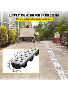 Trench Drain System, Channel Drain With Metal Grate, 5.7x3.1-Inch HDPE Drainage Trench, Black Plastic Garage Floor Drain, 5x39 Trench Drain Grate, With 5 End Caps, For Garden, Driveway-5 Pack - 黑色 - 查看 2