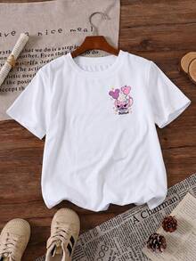 Disney Lilo & Stitch Angel Pink Character Panels Cute Heart & Balloon Printed Pattern T-Shirts For Girls - Children's Clothing Design Short-Sleeved Casual And Cute Style Comfortable And Casual Wear All Year Round Suitable For Parties And Play Machine Washable Gift Children's Clothing Girls' Short-Sleeved Shirts - 白色 - 查看 3