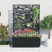 Metal Planter Box With Trellis,Raised Garden Bed With Privacy Screen And Drainage Holes Idea For Climbing Plants, Vegetables & Vines - 樺樹葉圖案帶輪子 - 查看 9