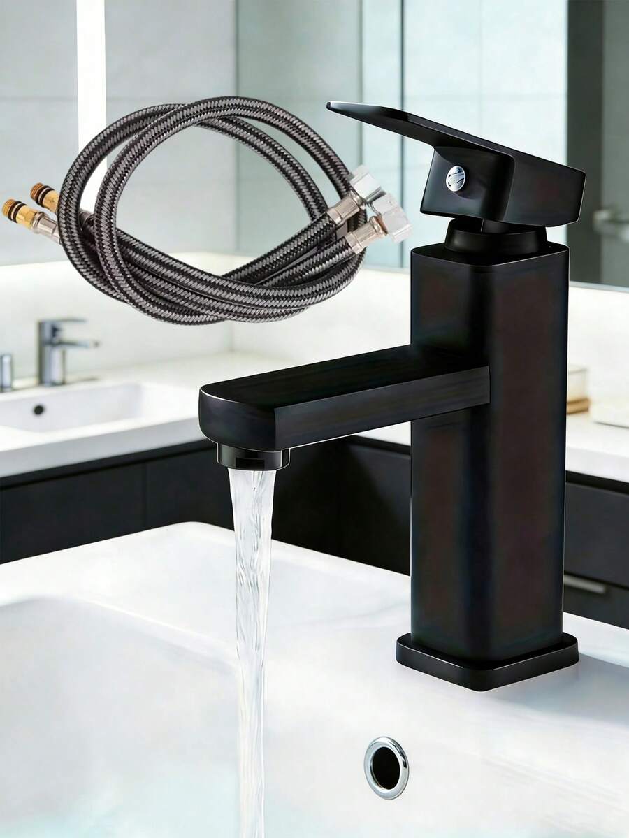 单孔方形浴室水龙头，哑光黑浴室洗脸盆水龙头，拉丝阀芯设计，单孔安装简便，ABS塑料材质，现代简约风格，适用于家庭浴室、厨房、酒店、盥洗台、淋浴房和房车，是浴室洗脸盆和厨房洗脸盆的理想水龙头，现代家居必备配件，也是理想的礼品之选。