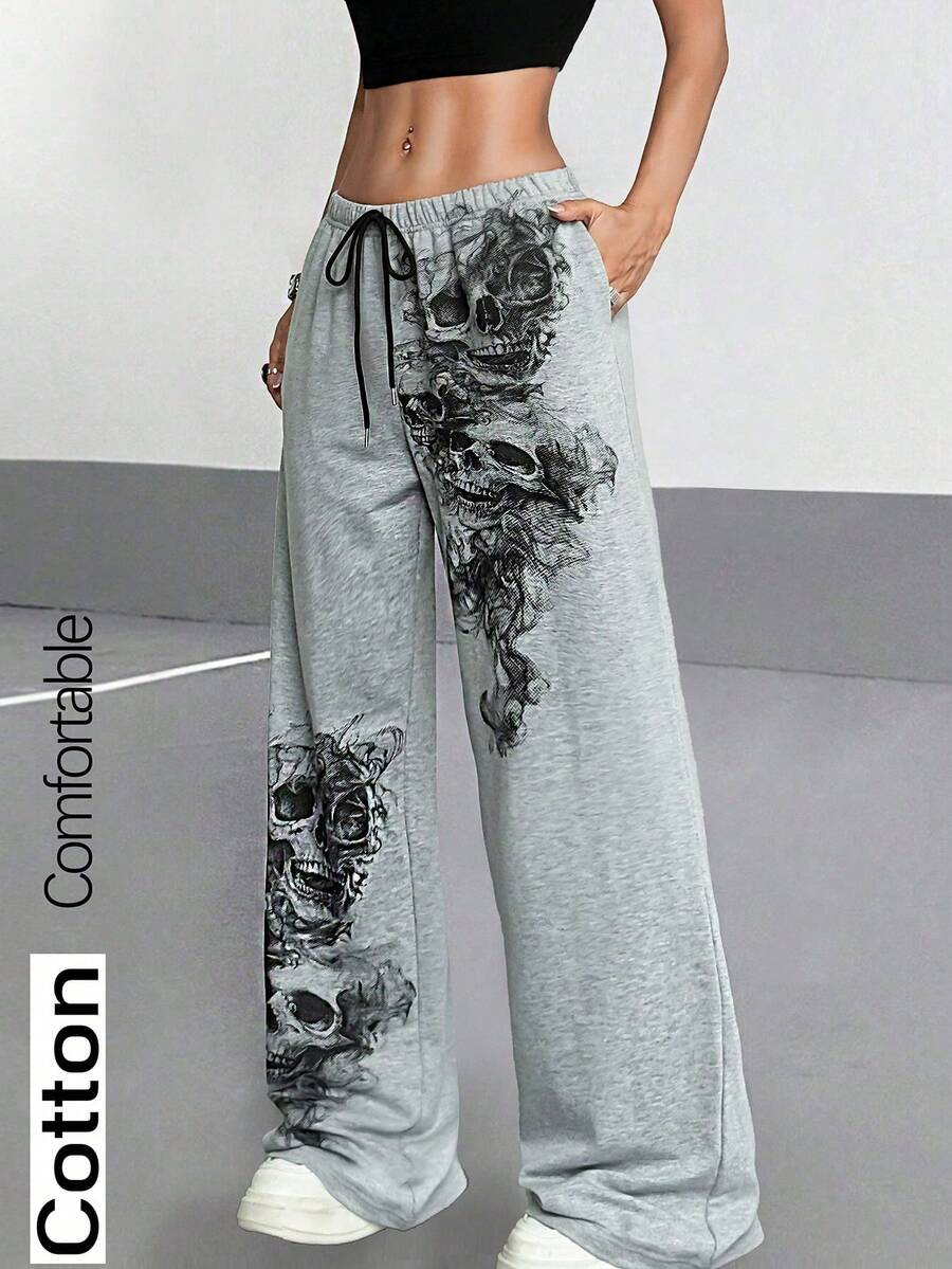 Gothic Style Graffiti Skeleton Print Drawstring Waist Pants - Grey - View 1