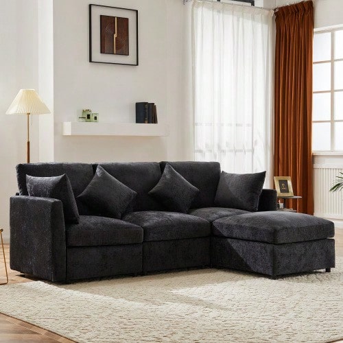 Modern Design, Chenille Fabric Sofa, Three-Seater Sofa, Four-Seater Sofa, L-Shaped Corner Sofa With Footrest, Suitable For Apartments, Video Available [Old Reference: N653P97713G] - Black - View 6