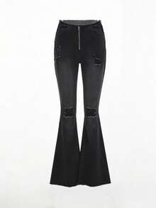 Pantalones acampanados de talle bajo con ajuste ceñido para mujer, de tela elástica, con detalles desgastados, estilo elegante retro Y2K de uso casual, color negro, adecuados para primavera y verano, nueva llegada - Negro - Ver 8