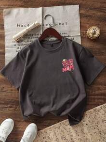 Young Girl Casual Funny Print Round Neck Short Sleeve T-Shirt, Summer Top - Dark Grey - View 2
