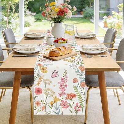 春季花卉桌旗，粉色花朵，绿色叶子，蝴蝶图案，四季皆宜，夏季厨房和餐桌装饰，适合室内外家庭聚会
