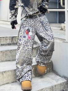 1pc American Street Fashion Men's Tiger Print Digital Denim Jeans, Loose Comfortable Wide Leg Pants, Versatile Casual Jeans For All Seasons (Belt And Accessories Not Included) - White - View 5