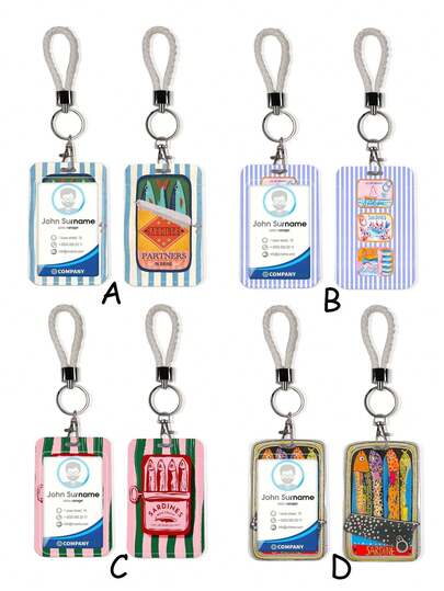 1 pieza Soporte para tarjeta de identificación con diseño de lata de sardinas de la serie de alimentos, con llavero y clip, cordón para teléfono con mariposa, estante para insignias, protector de tarjeta de identificación/transporte, soporte para tarjeta estudiantil