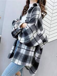 Momo Women's Spring Check Blouse, Loose Fit, Flattering, UV Protection, Comfortable Slimming, Long Sleeve Top, Lazy Style, Spring Jacket, Perfect For Commuting, School, Or Everyday Wear, Button Front, Pockets - Black and White - View 1