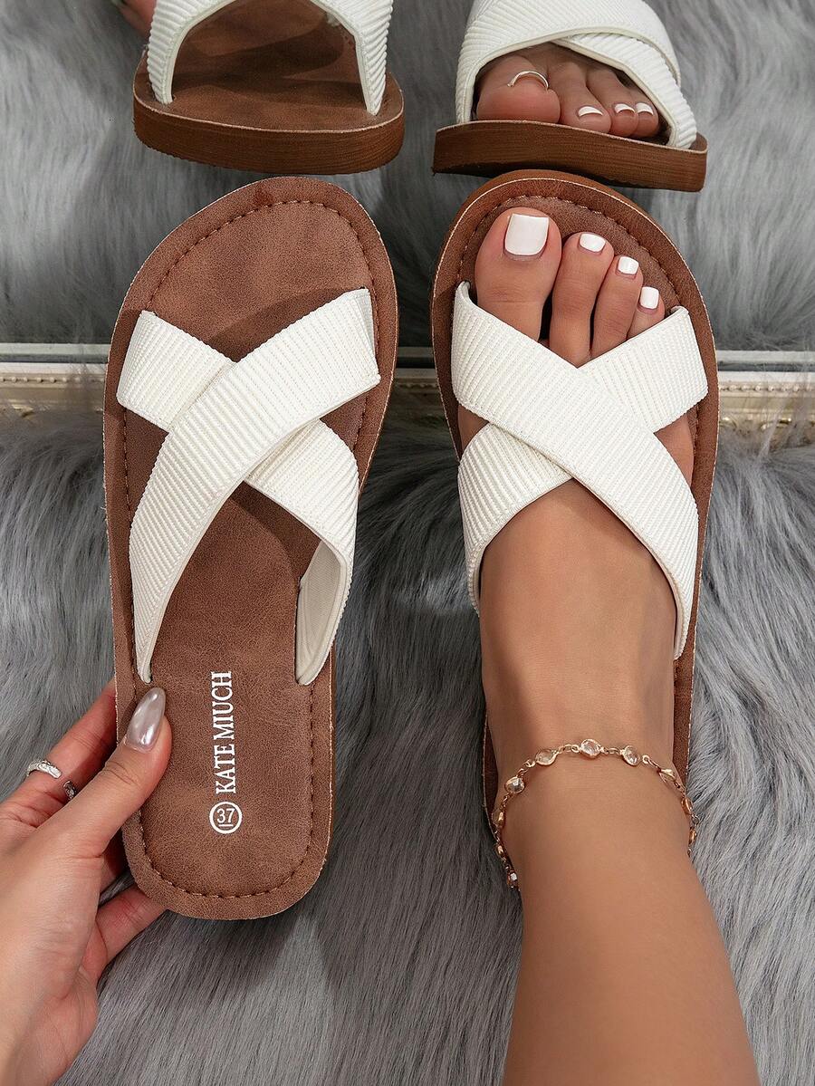 Sandalias blancas cruzadas elegantes, dulces y sencillas, adecuadas para la playa, citas, fiestas en la playa y picnics de primavera; elegantes, románticas, intelectuales y generosas zapatillas de mujer ligeras, transpirables y cómodas para usar en interiores, en el hogar o en resorts de playa - Beis - Ver 1