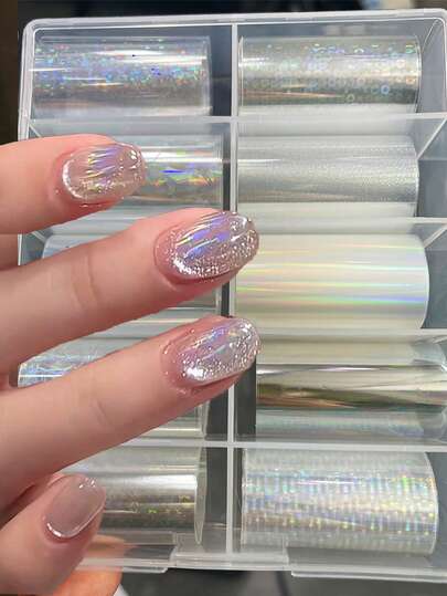 10Rolls/Box Transparent Holographic Laser Silvery Star Nail Transfer Foils ,Iridescent Mermaid Aurora Stary Paper Decal ,Nails Wraps Ice Cube Clear Manicure Decoration DIY Nail Supplies
