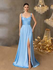 Faeriesty 优雅缎面吊带裙，垂褶领口、高开衩和露背设计，适合婚礼宾客、浪漫摄影、正式晚宴、周年庆典和新娘写真等场合。 - 藍色 - 查看 1