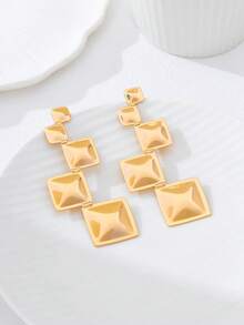 1 Pair Fashionable Geometric Square Stud Earrings, Suitable For Women's Party, Gathering, Daily Wear, Versatile Gift - Yellow Gold - View 4