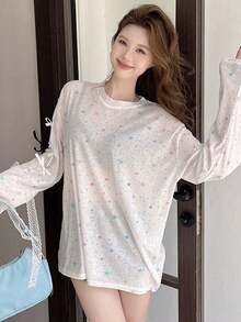 女士星形印花长袖T恤，宽松蝴蝶结设计上衣，春夏返校新品 - 白色 - 查看 3