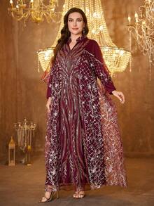 UNITHORSE Women V-Neck Long Sleeve Belted Sequin Mesh Dress - Burgundy - View 4