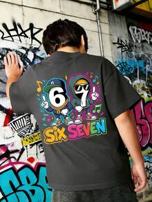 Teen Boy "Six Seven" 67 Numeral & Cartoon Letter Print T-Shirt, Suitable For Boys' Street, Campus, Event, Daily Wear, Fashionable Summer Top - Dark Grey - View 4