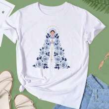 T-Shirt Blouse, Our Lady Of Blue Flowers, Catholic, Patron Saint Of Brazil, Casual Fashion, Plus Size - 白色 - 查看 3