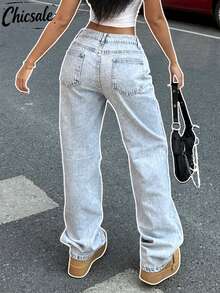 Jeans anchos de mezclilla de colores claros lavados con agua para uso diario de las mujeres - Lavado ligero - Ver 2