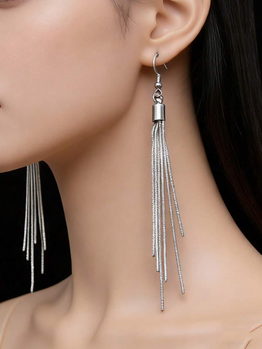 Bohemian Long Tassel Drop Dangle Earrings - Elegant Silvery Golden Chain Shiny Wire Ear Jewelry For Women Daily, Party, Vacation, And Valentines Day Festive Gift Or Mother Gifts - Multicolor - View 1
