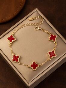 1条幸运四叶草优雅手链 - 金色链条搭配红色珐琅，是情人节、母亲节、教师节和开学季的完美礼物，教师节礼物|优雅手链设计|链条手链 - 彩色 - 查看 6