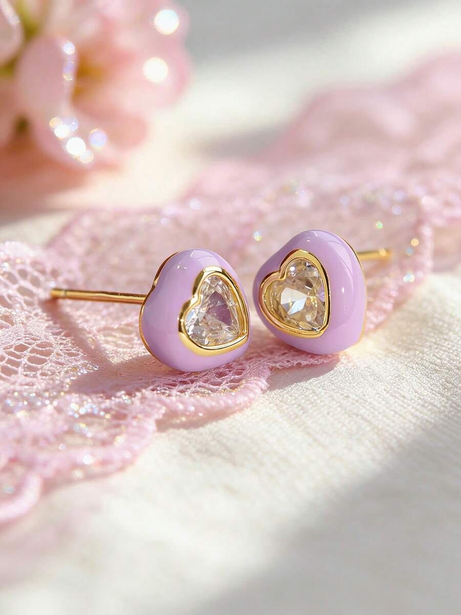 Artepollo 1 Pair Cute Purple Heart Stud Earrings, Inlaid With Sparkling Zirconia, Suitable For Parties, Banquets, Birthdays, Vacations And Daily Wear, Great Gift For Friends And Family - one-size - View 1