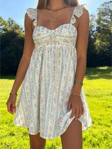 Women's Summer Dress Elegant Flower Print Sleeveless Sweetheart Neck Mini Dress For Party Date Night Wear - 藍色 - 查看 1