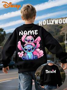 Disney Lilo & Stitch Customizable Angel & Stitch Black Crewneck Sweatshirt, Personalized Name Print, Double-Sided Design, Soft Fleece Lining, Oversized Fit,  Casual Style, Perfect For Couples & Fans, Unisex - 黑色 - 查看 1