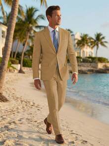 2pcs Men's 2 Piece Brown Linen Suits For Men Slim Fit Casual Beach Wedding Summer Grooms Groomsmen Linen Blazer Pants Suit - 棕色 - 查看 6