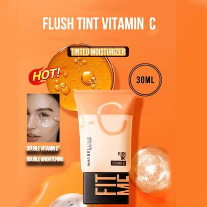 Maybelline FIT ME FLUSH 亮白保湿霜，双倍维C #02 浅肤色，5/30ml。双倍维C²，双倍亮白，8重改善肤质，蕴含三重精华（玻尿酸24小时保湿、维C亮白、烟酰胺均匀肤色）。打造自然裸肌光泽，显著改善使用前后的对比效果。三步轻松涂抹（温热-按压-轻拍），提亮肤色，适合日常保湿亮白，是护肤和妆前打底的必备单品。