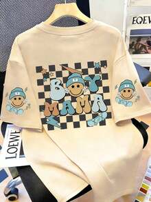 Women's Casual Fashion Creative Checkerboard, Cartoon Smiling Face, Skateboard Graphic, Funny Slogan Printed Basic Short Sleeve T-Shirt - Beige - View 1