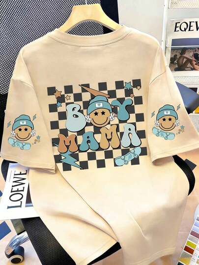 女士休闲时尚创意棋盘格、卡通笑脸、滑板图案、趣味标语印花基础款短袖T恤