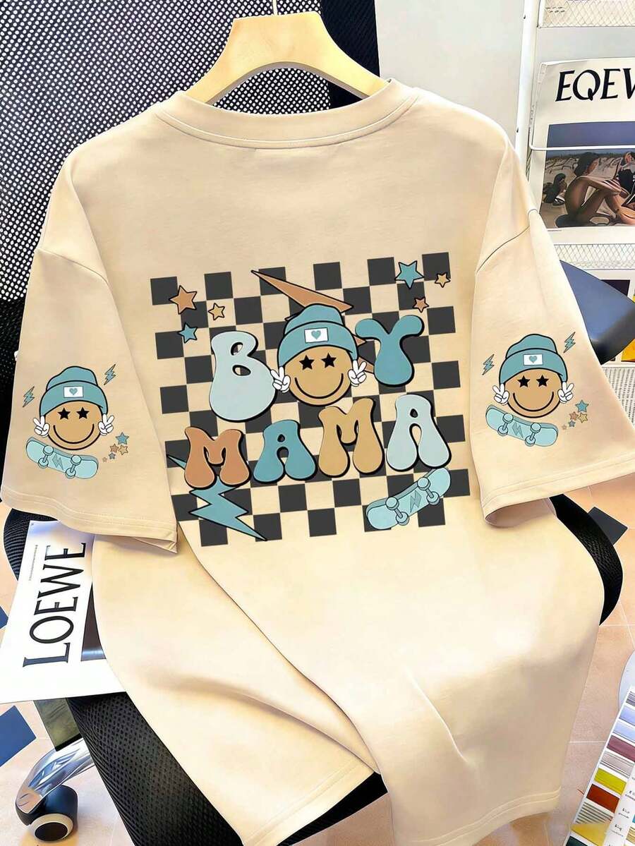 Women's Casual Fashion Creative Checkerboard, Cartoon Smiling Face, Skateboard Graphic, Funny Slogan Printed Basic Short Sleeve T-Shirt - Beige - View 1