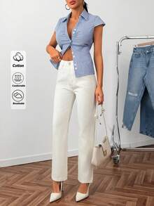 Women Long White Denim Straight Leg Jeans With Pockets Buttons And Zipper Non-Stretch Fabric - Beige - View 1