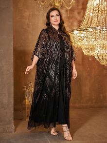 SUPGIR Plus Size Women's Sequin Patchwork Loose Arabian Style Dress Black Spring - Black - View 5