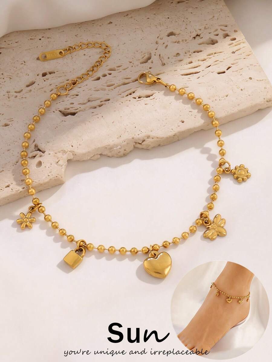 1pc Stainless Steel Heart Pendant Chain Anklet For Women 18K Gold Plated Waterproof Beads Chain Ankle Bracelet Beach Jewelry - Anklets - View 1