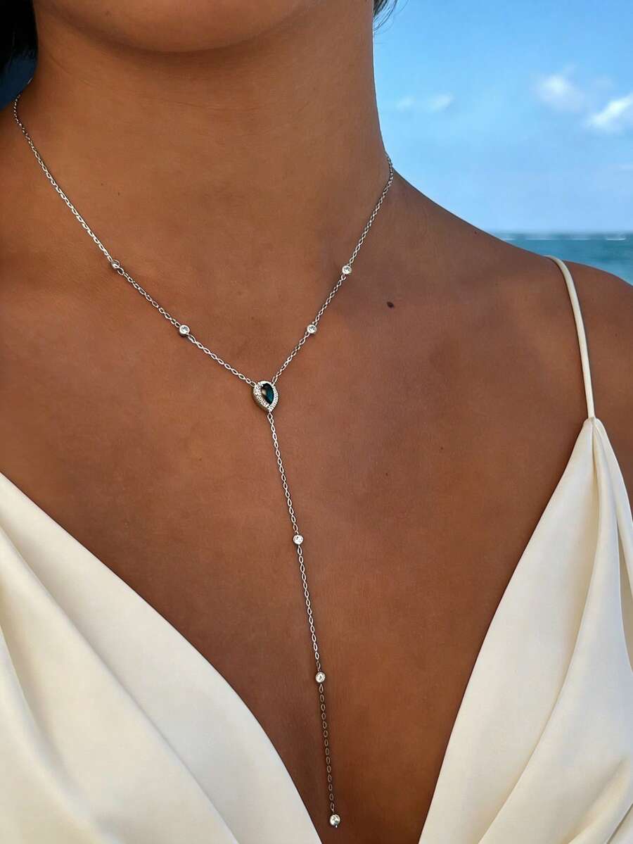 1pc Minimalist Green Teardrop Necklace, Women's Luxury Collarbones Chain With Tassel Pendant, Birthstone Necklace, Minimalist Accessory - Water Drop - View 1