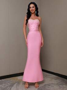 新款性感无肩带粉色珍珠串珠装饰婚纱晚宴绷带裙 - 粉色 - 查看 3